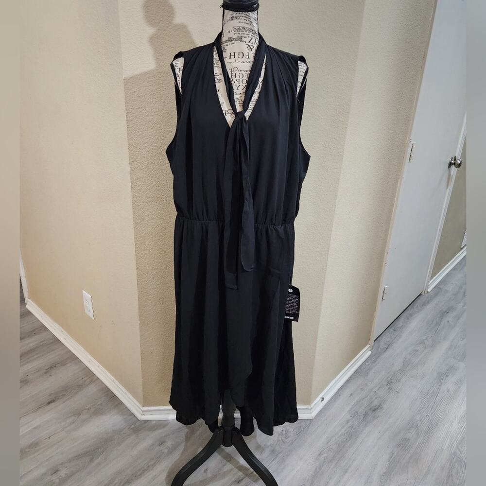 Avenue LBD high low gauzy tie neck‎ black dress plus size 22 2X new